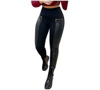 Leather Trousers Women Black Work Trousers Ladies Women's Contrast Leather Zipper High Waist Faux Design Pants Petite Trousers Women Short Leg Sexy Womens Trousers (Black, L)