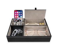 Leather Valet Tray Desk Organiser, 5 Compartments Bedside Table Organiser, Drawer Organisers Tray Mens Bedroom Accessories, Dresser Desk Storage Boxes with Lid for Wallet Wristwatch Jewellery Phone