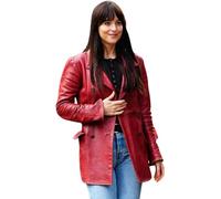 Leather Verse Women's Madame Web Dakota Johnson Maroon Leather Blazer Jacket - Double Breasted Red Leather Jacket Coat