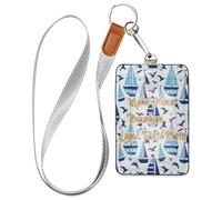 Leather Vertical id Badge Holder Ocean Sailboat Red White Blue
