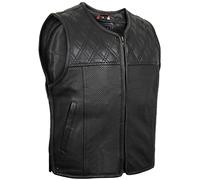 Leather Vest Men - Motorcycle Leather Waistcoat - Black Leather Gilet Men | Sleeveless Leather Biker Jacket For Men With Diamond Quilting, Perforated Panels, 4 Pockets, Front Zipper And Expanding Sides