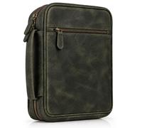 Leather Village Bible Case for Men Leather Cover, Olive Green | Genuine buff leather, plain front zip pocket, zip closure and carry handle; bible bag for pastors and teachers