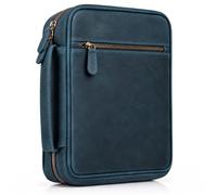 Leather Village Leather Bible Cover Carrying Case Men, Navy Blue | Genuine buff leather, plain front zip pocket, zip closure and carry handle; bible case for men for travel to church