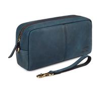 LEATHER VILLAGE Leather Toiletry Travel Bag with Waterproof Lining, Mini Vintage Dopp Kit, Shaving & Cosmetic Organizer for Men & Women - Blue