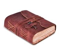 LEATHER VILLAGE Vintage Leather Journal - 200 Handmade Vintage Deckle Edge Paper - Leather bound Journal For Women Men - Vintage Key Closure - Book of Shadows - Red Brown - 8X6 inches (A5)