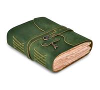 LEATHER VILLAGE Vintage Leather Journal - 200 Handmade Vintage Deckle Edge Paper - Leather bound Journal For Women Men - Brass Key Closure - Book of Shadows - Green - 10X7 inches