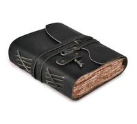 LEATHER VILLAGE Vintage Leather Journal - 200 Handmade Vintage Deckle Edge Paper - Leather bound Journal For Women Men -Brass Key Closure - Book of Shadows - Black - 13X8 inches