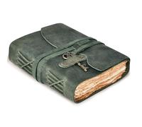 LEATHER VILLAGE Vintage Leather Journal - 200 Handmade Vintage Deckle Edge Paper - Leather bound Journal For Women Men - Brass Key Closure - Book of Shadows - Aqua - 8X6 inches (A5)