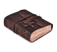 LEATHER VILLAGE Vintage Leather Journal - 200 Handmade Vintage Deckle Edge Paper - Leather bound Journal For Women Men - Brass Key Closure - Book of Shadows - Chocolate Brown - 13X8 inches