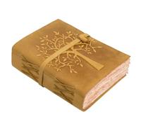 LEATHER VILLAGE Vintage Notebook Tree of Life, Mustard Yellow 6x4 | Genuine buff leather, 200 blank deckle edge pages, embossed tree face; personalized leather journal for field notes on hikes