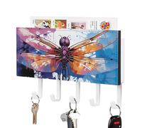 Leather Wall Key Holder with Small Storage Box - Colorful Abstract Dragonfly Decorative Key Hanger Organizer, 5 Large Hooks for Keys, Mail, Bags, Coats, Umbrella - Includes Mounting Hardware (7.1”x4.1