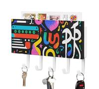 Leather Wall Key Holder with Small Storage Box - Music Graffiti Style Decorative Key Hanger Organizer, 5 Large Hooks for Keys, Mail, Bags, Coats, Umbrella - Includes Mounting Hardware (7.1”x4.1”)