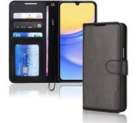 [Leather Wallet Case] Protective Cover with Cash & Card Holder, Stand and Wrist Strap For Samsung Galaxy A15 5g