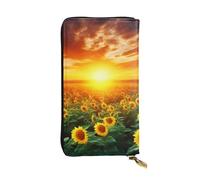 Leather Wallet for Men Women, RFID Blocking, Large Capacity Zip Card Phone Holder with 12 Card Slots, Slim Minimalist Cash Wallets Travel Long Purse Dreamlike Sunset Of A Sunflower Field Clutch Bag