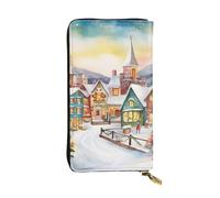 Leather Wallet for Men Women, RFID Blocking, Large Capacity Zip Card Phone Holder with 12 Card Slots, Slim Minimalist Cash Wallets Travel Long Purse Watercolor Magic Christmas Village Clutch Bag