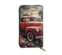 Leather Wallet for Men Women, RFID Blocking, Large Capacity Zip Card Phone Holder with 12 Card Slots, Slim Minimalist Cash Wallets Travel Long Purse 4th Of July Patriotic Old Red Truck Clutch Bag
