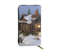 Leather Wallet for Men Women, RFID Blocking, Large Capacity Zip Card Phone Holder with 12 Card Slots, Slim Minimalist Cash Wallets Travel Long Purse Wooden Rustic Log Cottage Scenery Clutch Bag