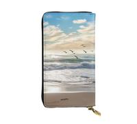 Leather Wallet for Men Women, RFID Blocking, Large Capacity Zip Card Phone Holder with 12 Card Slots, Slim Minimalist Cash Wallets Travel Long Purse Waves on The Beach with Sea Birds Clutch Bag