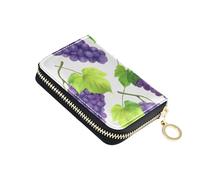Leather Wallet for Women Credit Card Holder RFID Blocking Small Zipper Change Purse with Key Ring Purple Grape Green Vine White
