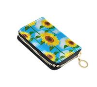 Leather Wallet for Women Credit Card Holder RFID Blocking Small Zipper Wallet with Coin Pouch Yellow Sunflowers Bright Blue Sky