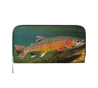 Leather Wallet for Women Long Purse Brook Trout Fly Fishing Womens Wallet Clutch with 8 Credit Card Holder Coin Pocket, Black, One Size, Casual