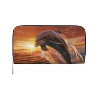 Leather Wallet for Women Long Purse Dolphin Leaps into the Sea Womens Wallet Clutch with 8 Credit Card Holder Coin Pocket, Black, One Size, Casual