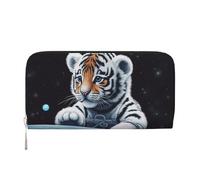 Leather Wallet for Women Long Purse Little Tiger in Space Womens Wallet Clutch with 8 Credit Card Holder Coin Pocket, Black, One Size, Casual