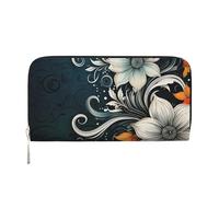 Leather Wallet for Women Long Purse Novelty Boho Abstract Flowers Womens Wallet Clutch with 8 Credit Card Holder Coin Pocket, Black, One Size, Casual
