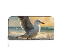 Leather Wallet for Women Long Purse Painting of a Seagull Womens Wallet Clutch with 8 Credit Card Holder Coin Pocket, Black, One Size, Casual