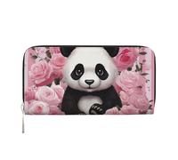 Leather Wallet for Women Long Purse Panda Rose Flowers White Stripe Womens Wallet Clutch with 8 Credit Card Holder Coin Pocket, Black, One Size, Casual