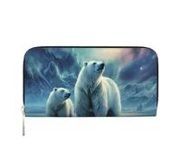 Leather Wallet for Women Long Purse Polar Bears Northern Lights Womens Wallet Clutch with 8 Credit Card Holder Coin Pocket, Black, One Size, Casual