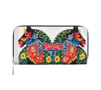 Leather Wallet for Women Long Purse Runner Swedish Dala Horse Folk Womens Wallet Clutch with 8 Credit Card Holder Coin Pocket, Black, One Size, Casual