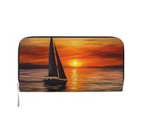 Leather Wallet for Women Long Purse Sunrise Sailing Boat Womens Wallet Clutch with 8 Credit Card Holder Coin Pocket, Black, One Size, Casual