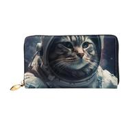 Leather Wallet for Women Men Bifold Wallet Ultra Slim Credit Card Holder Astronaut cat in space Ladies Clutch Purse, Black, One Size