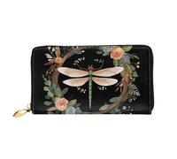 Leather Wallet for Women Men Bifold Wallet Ultra Slim Credit Card Holder Image of dragonfly in wreath Ladies Clutch Purse, Black, One Size