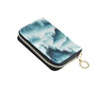 Leather Wallet for Women RFID Blocking Credit Card Holders Zip Around Travel Cash Wallet with Coin Pocket Misty Blue Green Mountains Evergreen Pine Trees Distant