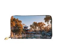 Leather Wallet Light Waterproof Unique Pavilion In The Park Print for Daily Commuting and Traveling