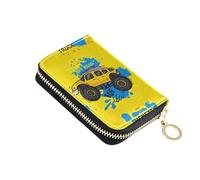 Leather Wallets for Women Credit Card Holder RFID Blocking Zip Around Coin Purse Pouch with Zipper Cool Yellow Monster Trucks