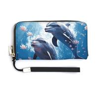 Leather Wallets Waterproof Zip Around Clutch Bag Dolphins in Love Credit Card Holder Clutch Purse for Women Ladies