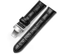 Leather Watch Strap Embossed Grain Classic Design Replacement Watch Band Deployment Buckle for Men Women Black 24mm