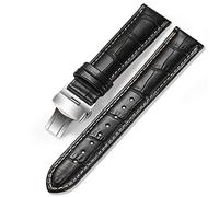 Leather Watch Strap Embossed Grain Classic Design Replacement Watch Band Deployment Buckle for Men Women Black With Beige Stitch 19mm