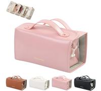 Leather Waterproof Cosmetic Bag, Leather 4 in 1 Roll Up Large Capacity Compact Waterproof Foldable Cosmetic Bag, Cosmetics Bags with Compartment (Pink)