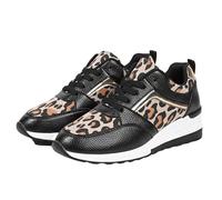 Leather Wedge Trainers for Women Platform Trainers with Leopard Print Smart Commutera Office Work Casual Sneakers Air Cushion Non-Sip Walking Sneakers Height Increasing Wide Fit Shoes Black