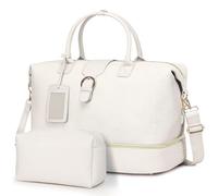 Leather Weekender Bags for Women, Travel Duffel Bag PU Overnight Bag Carry On Tote Bag with Shoe Compartment Wet Pocket, White, XL, Leather