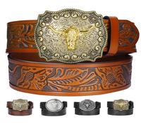 Leather Western Belts for Woman Men, Cowboy Cowgirl Country Belt with Floral Engraved, Bull Decoration Buckles Belt for Jeans Women Mens Birthday Gifts