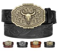 Leather Western Belts for Woman Men, Cowboy Cowgirl Country Belt with Floral Engraved, Bull Decoration Buckles Belt for Jeans Women Mens Birthday Gifts