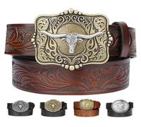 Leather Western Belts for Woman Men, Cowboy Cowgirl Country Belt with Floral Engraved, Bull Decoration Buckles Belt for Jeans Women Mens Birthday Gifts