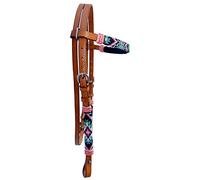 Leather Western Headstall for Horse Tan Color Leather Working Tack Browband Headstall Bridle Hand Braided with Multicolor Beaded Closed with Raw Hide Knots Design Straight Brow Band