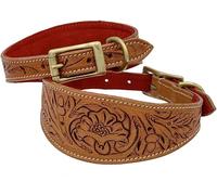 Leather Whippet Dog Collar Hand Tooled Carved Vegetable Tanned Leather Greyhound Saluki Hound Dog Collar (Neck Size 112 Inches to 14.1 Inches, Brown With Red Padding)