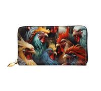 Leather Women Wallets, Long Credit Card Holder, colorful roosters standing together Print Billfold Clutch & Travel Purse Large Capacity